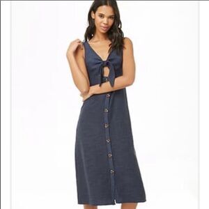 BLUE BLUSH | NEW! Navy Blue Tie Front Button Up Midi Length Dress Women’s Size S